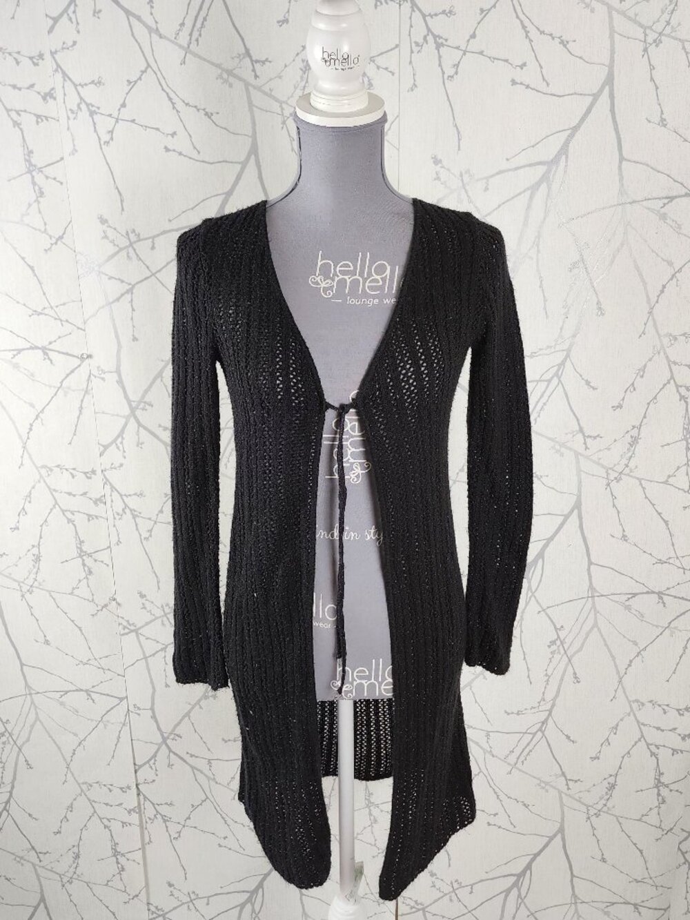 American Attitudes Black Metallic Crochet Tie Front Cardigan